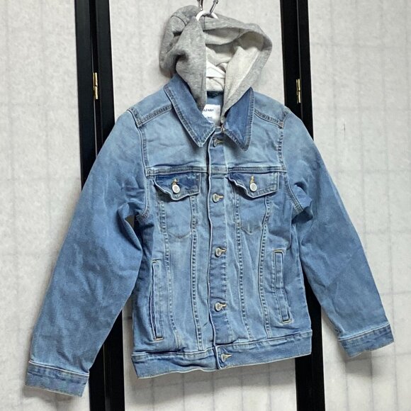 Old Navy Hooded Denim Trucker Jacket L Faded Medium Blue Jean Button-Up Kids L - Picture 3 of 11